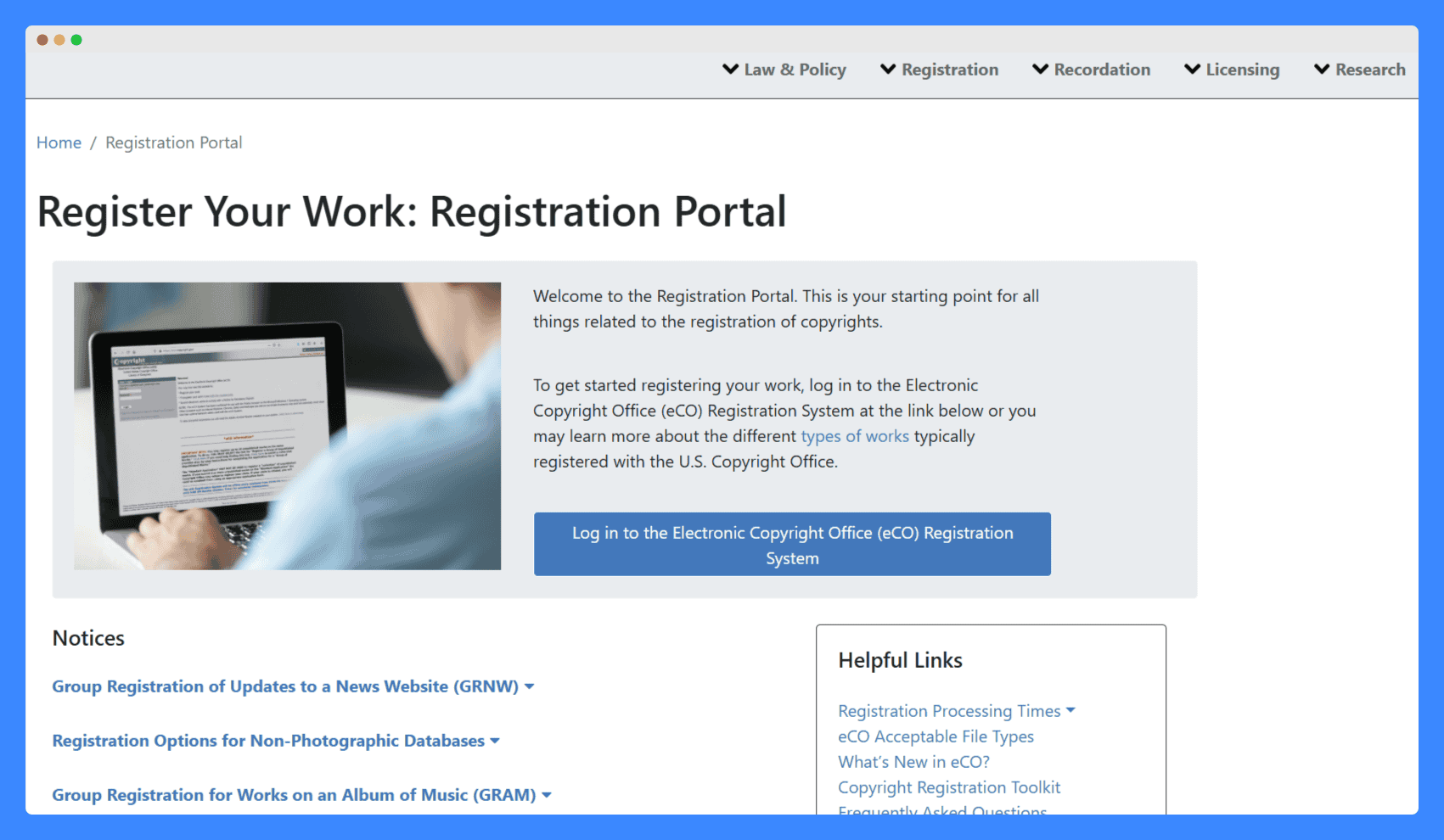 U.S. Copyright Office website's registration portal on a white background.